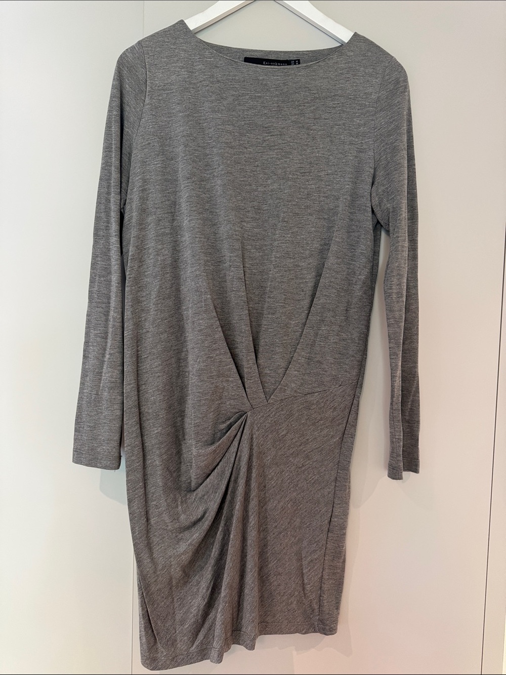 Gray Long-Sleeve Twist-Front Knit Dress
